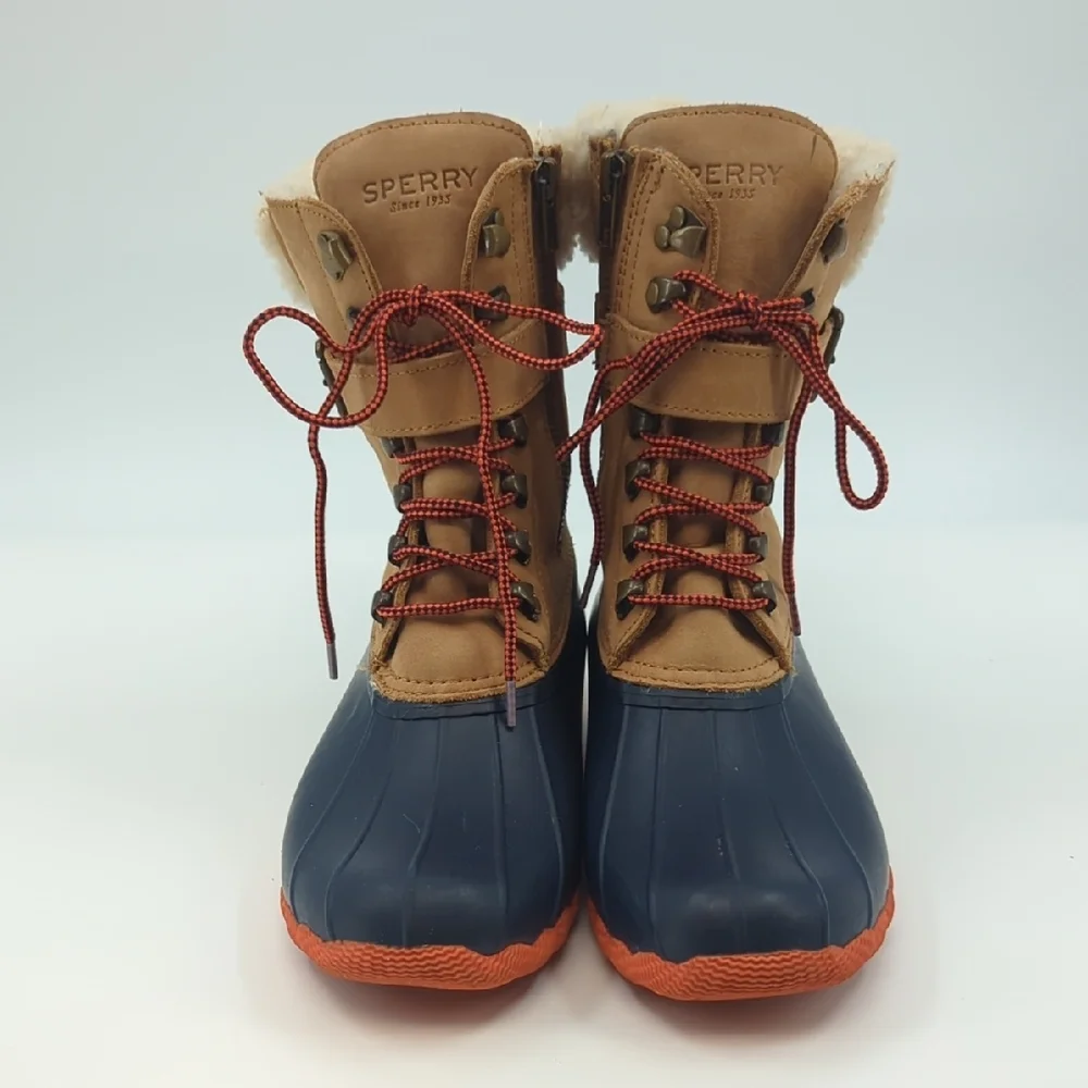 SPERRY Shearwater Winter Waterproof Wool Leather Duck Boots Sz 7.5 Tan/Navy